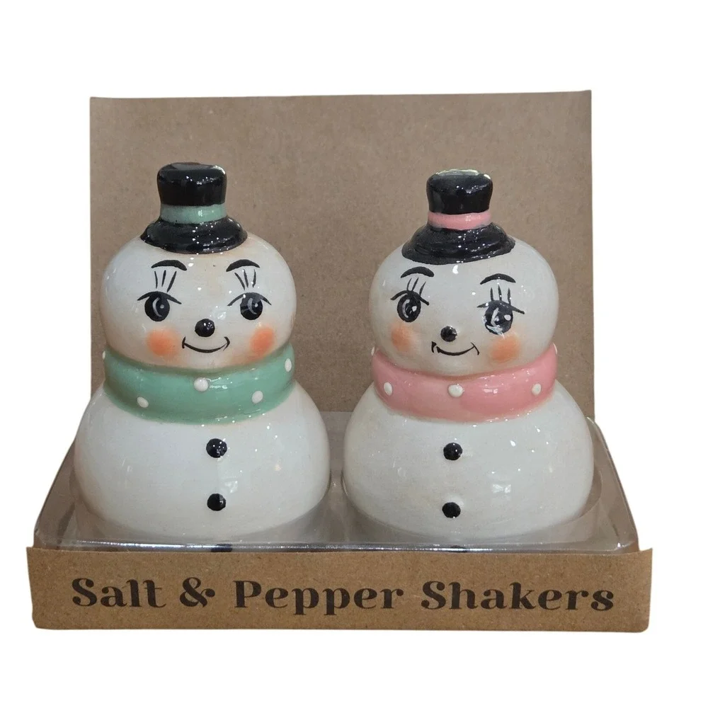 Johanna Parker Snowman Salt‎ & Pepper Shakers Ceramic Hats Scarves Table Decor